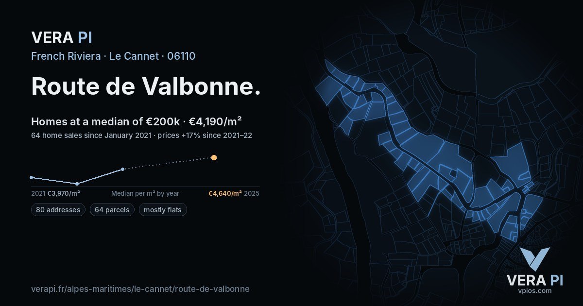 Route de Valbonne, Le Cannet at night – every parcel coloured by the prices around it, the street's own parcels lit