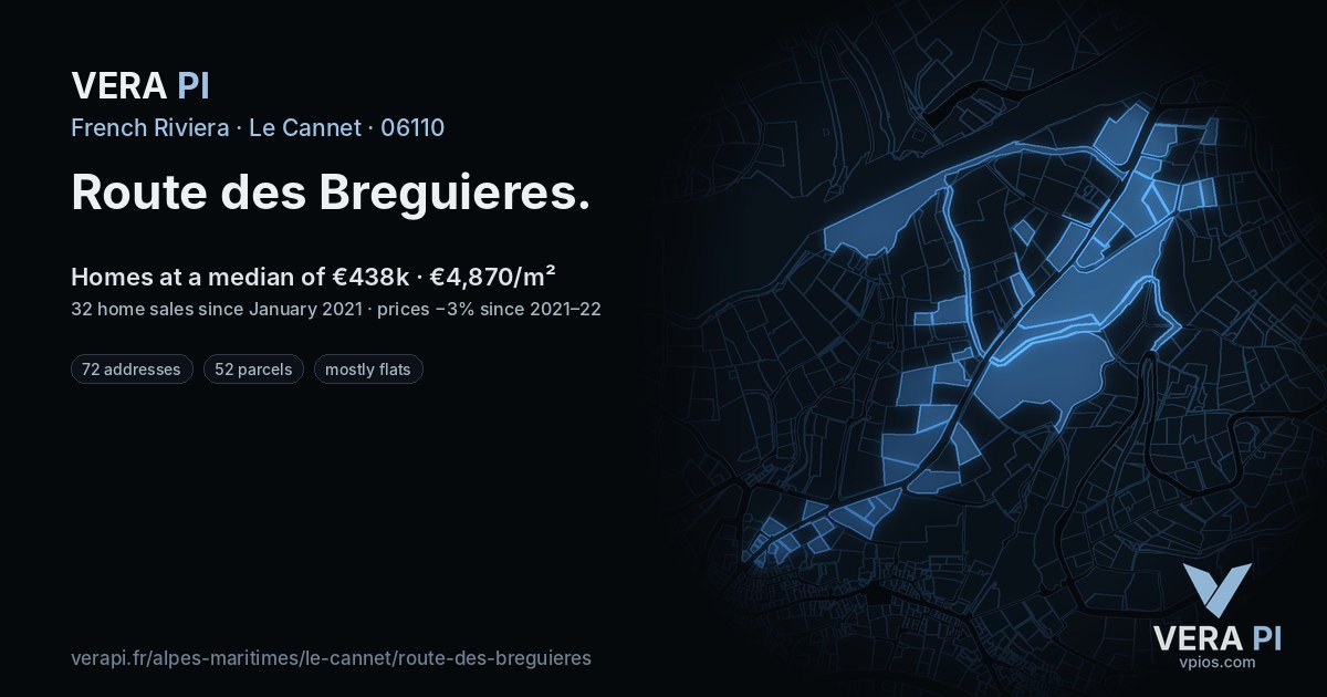 Route des Breguieres, Le Cannet at night – every parcel coloured by the prices around it, the street's own parcels lit