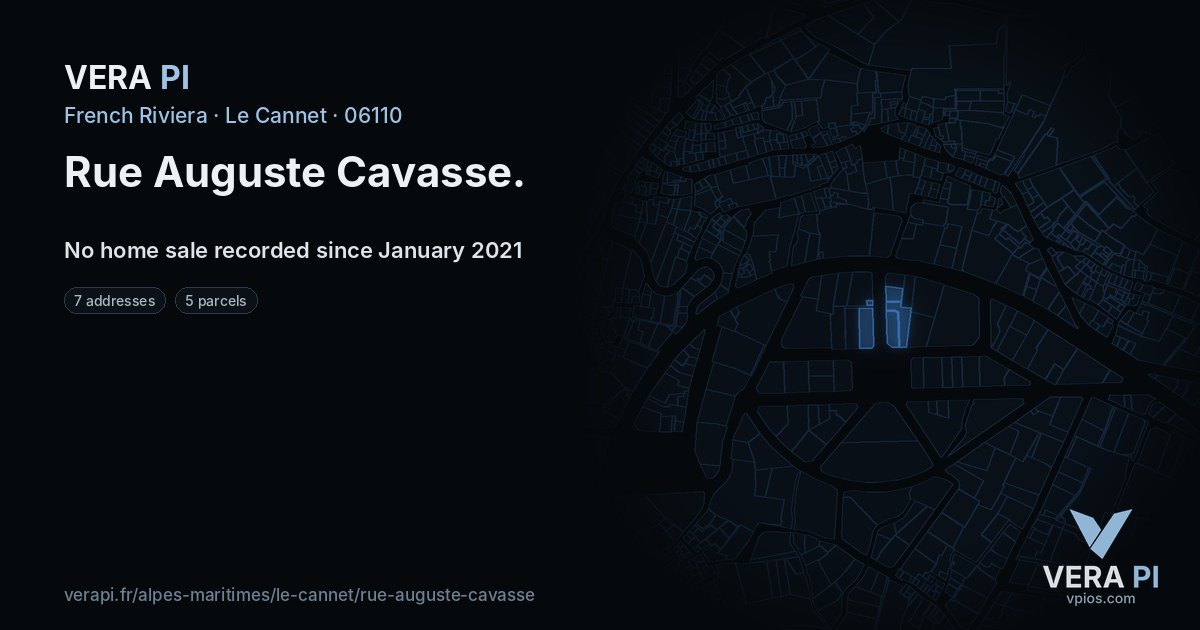 Rue Auguste Cavasse, Le Cannet at night – every parcel coloured by the prices around it, the street's own parcels lit
