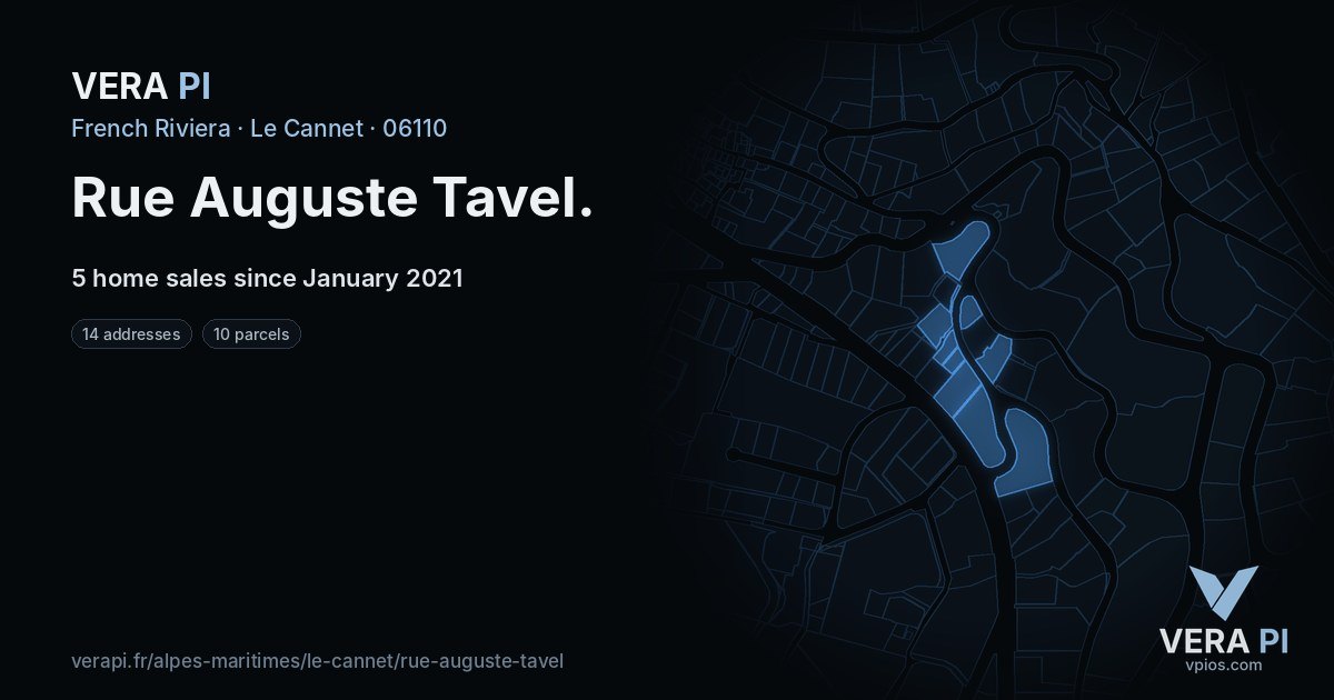 Rue Auguste Tavel, Le Cannet at night – every parcel coloured by the prices around it, the street's own parcels lit
