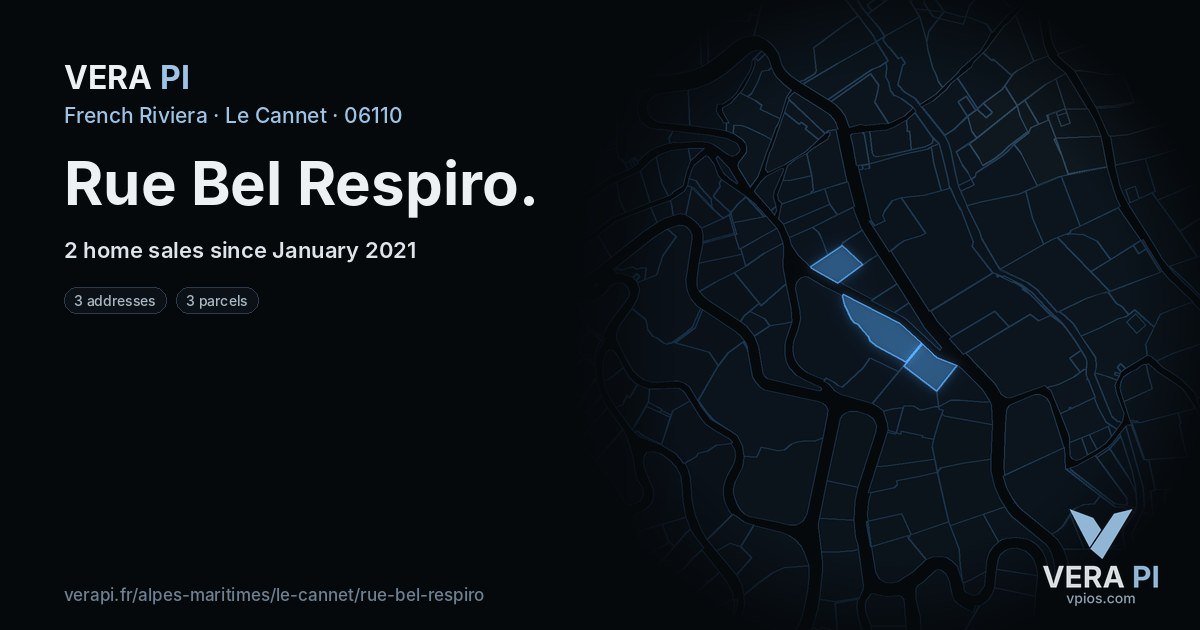 Rue Bel Respiro, Le Cannet at night – every parcel coloured by the prices around it, the street's own parcels lit