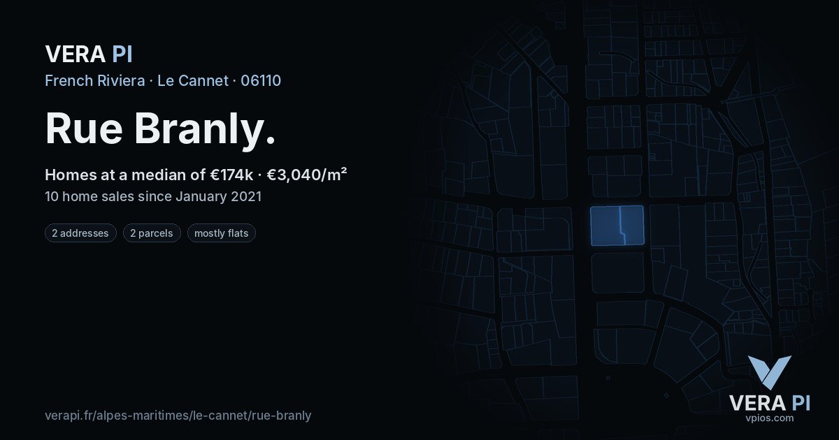 Rue Branly, Le Cannet at night – every parcel coloured by the prices around it, the street's own parcels lit