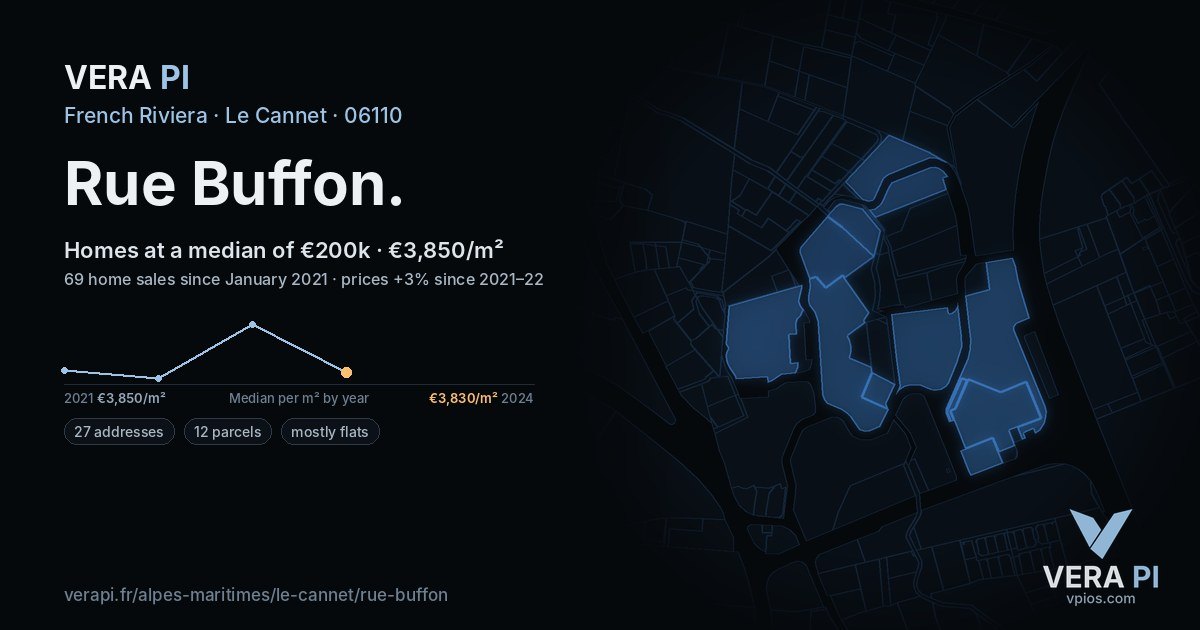 Rue Buffon, Le Cannet at night – every parcel coloured by the prices around it, the street's own parcels lit