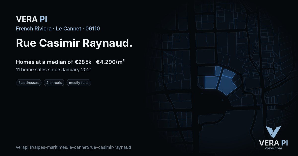Rue Casimir Raynaud, Le Cannet at night – every parcel coloured by the prices around it, the street's own parcels lit