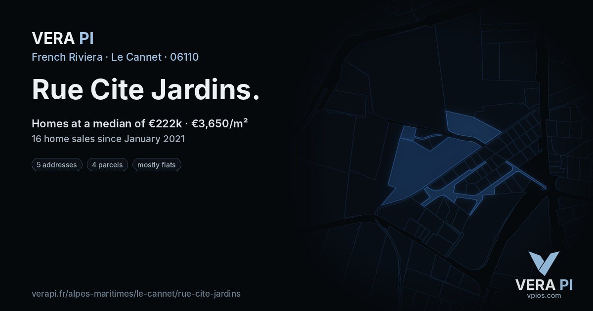 Rue Cite Jardins, Le Cannet at night – every parcel coloured by the prices around it, the street's own parcels lit