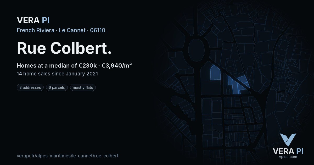Rue Colbert, Le Cannet at night – every parcel coloured by the prices around it, the street's own parcels lit