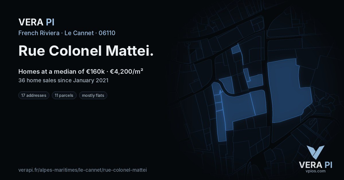 Rue Colonel Mattei, Le Cannet at night – every parcel coloured by the prices around it, the street's own parcels lit