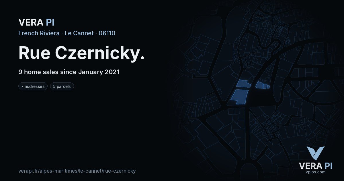 Rue Czernicky, Le Cannet at night – every parcel coloured by the prices around it, the street's own parcels lit