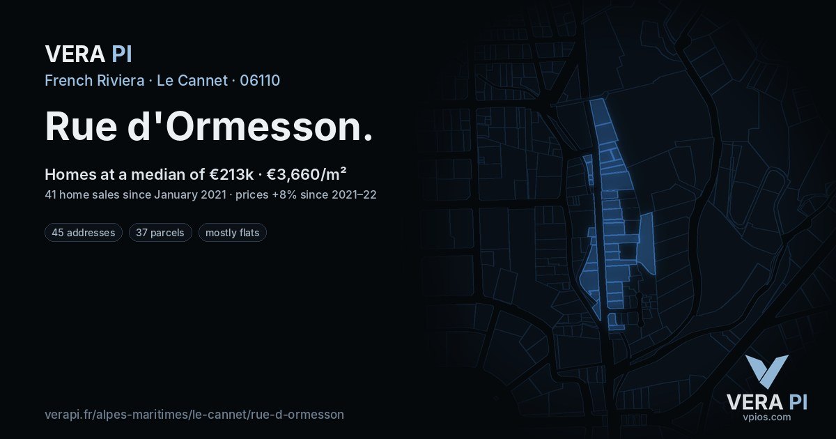 Rue d'Ormesson, Le Cannet at night – every parcel coloured by the prices around it, the street's own parcels lit