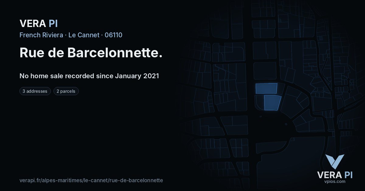 Rue de Barcelonnette, Le Cannet at night – every parcel coloured by the prices around it, the street's own parcels lit