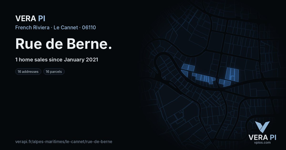 Rue de Berne, Le Cannet at night – every parcel coloured by the prices around it, the street's own parcels lit
