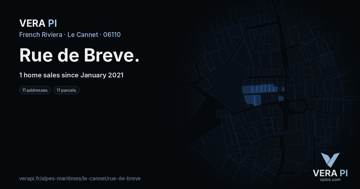 Rue de Breve, Le Cannet at night – every parcel coloured by the prices around it, the street's own parcels lit