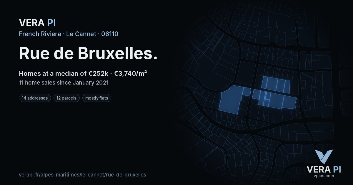 Rue de Bruxelles, Le Cannet at night – every parcel coloured by the prices around it, the street's own parcels lit