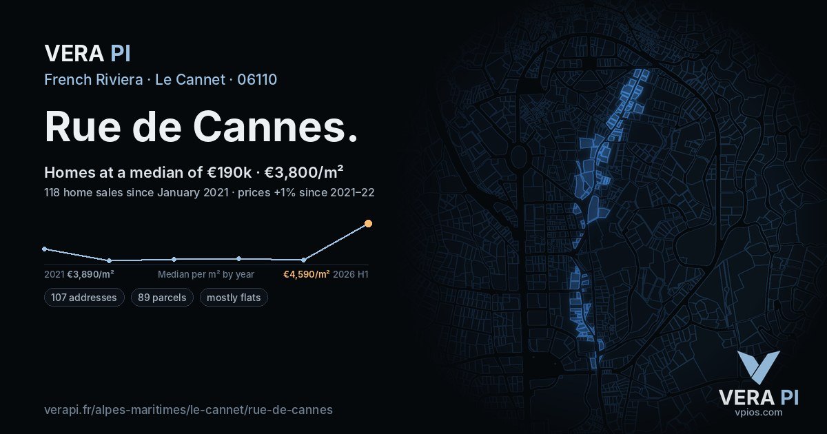 Rue de Cannes, Le Cannet at night – every parcel coloured by the prices around it, the street's own parcels lit