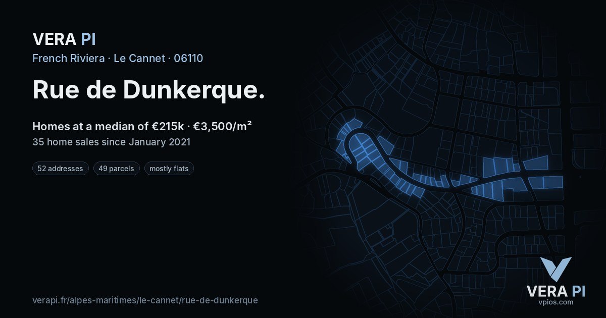 Rue de Dunkerque, Le Cannet at night – every parcel coloured by the prices around it, the street's own parcels lit