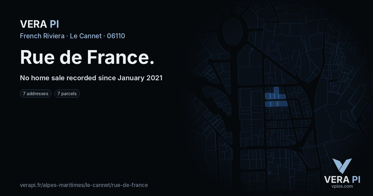 Rue de France, Le Cannet at night – every parcel coloured by the prices around it, the street's own parcels lit