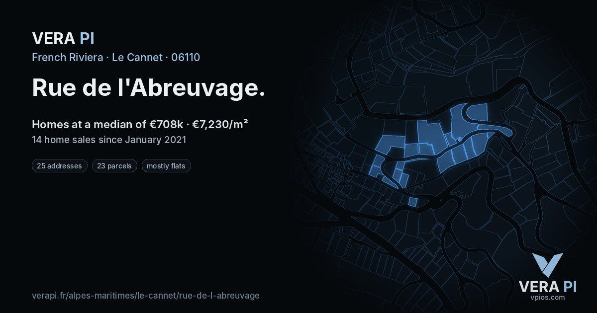 Rue de l'Abreuvage, Le Cannet at night – every parcel coloured by the prices around it, the street's own parcels lit