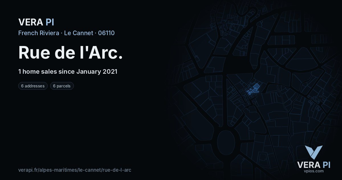 Rue de l'Arc, Le Cannet at night – every parcel coloured by the prices around it, the street's own parcels lit