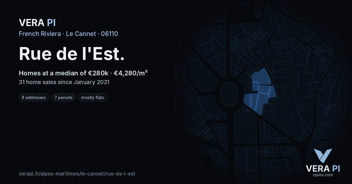 Rue de l'Est, Le Cannet at night – every parcel coloured by the prices around it, the street's own parcels lit