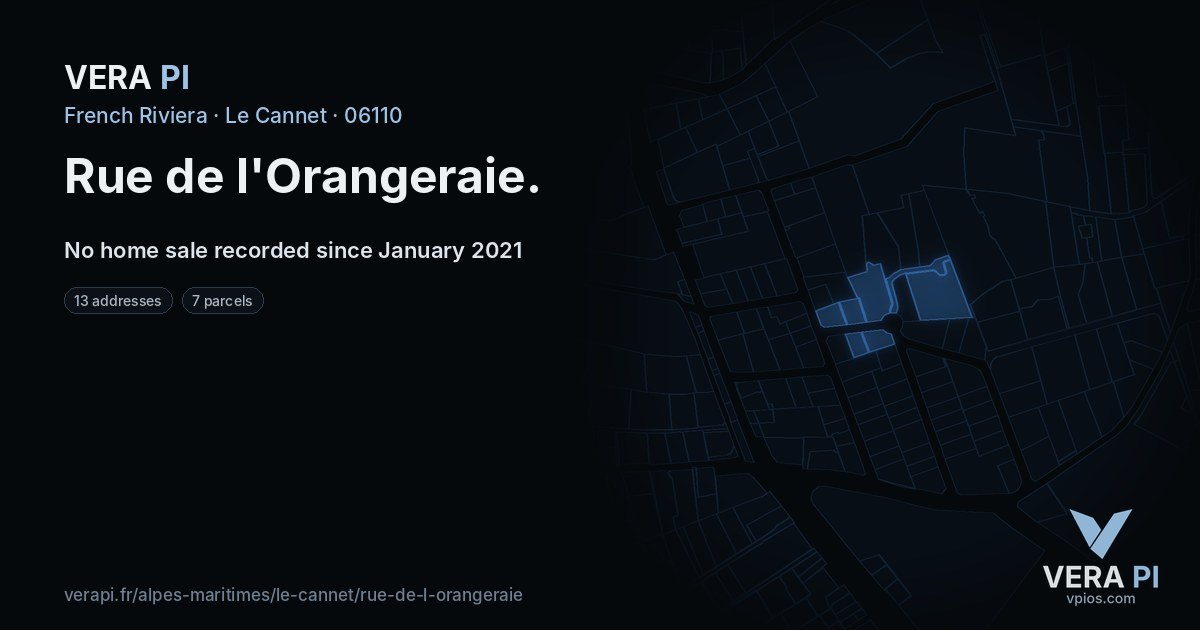 Rue de l'Orangeraie, Le Cannet at night – every parcel coloured by the prices around it, the street's own parcels lit