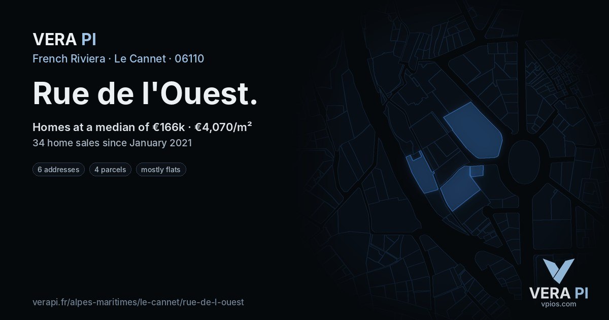 Rue de l'Ouest, Le Cannet at night – every parcel coloured by the prices around it, the street's own parcels lit