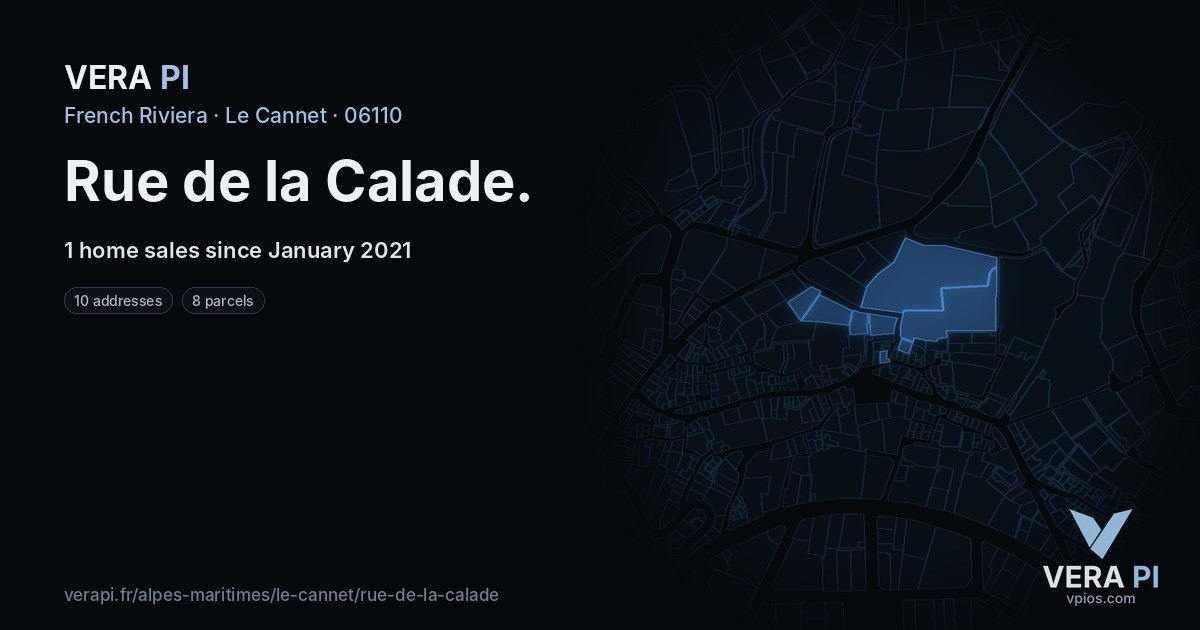 Rue de la Calade, Le Cannet at night – every parcel coloured by the prices around it, the street's own parcels lit