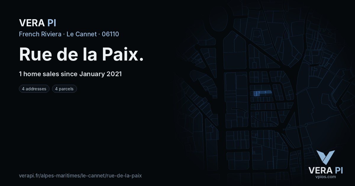 Rue de la Paix, Le Cannet at night – every parcel coloured by the prices around it, the street's own parcels lit