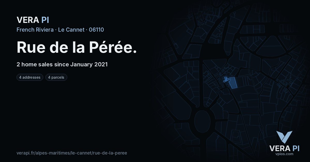 Rue de la Pérée, Le Cannet at night – every parcel coloured by the prices around it, the street's own parcels lit