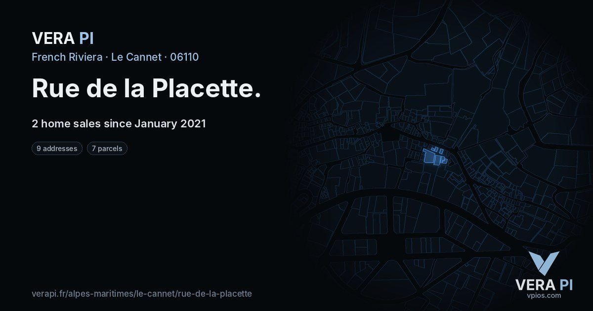 Rue de la Placette, Le Cannet at night – every parcel coloured by the prices around it, the street's own parcels lit