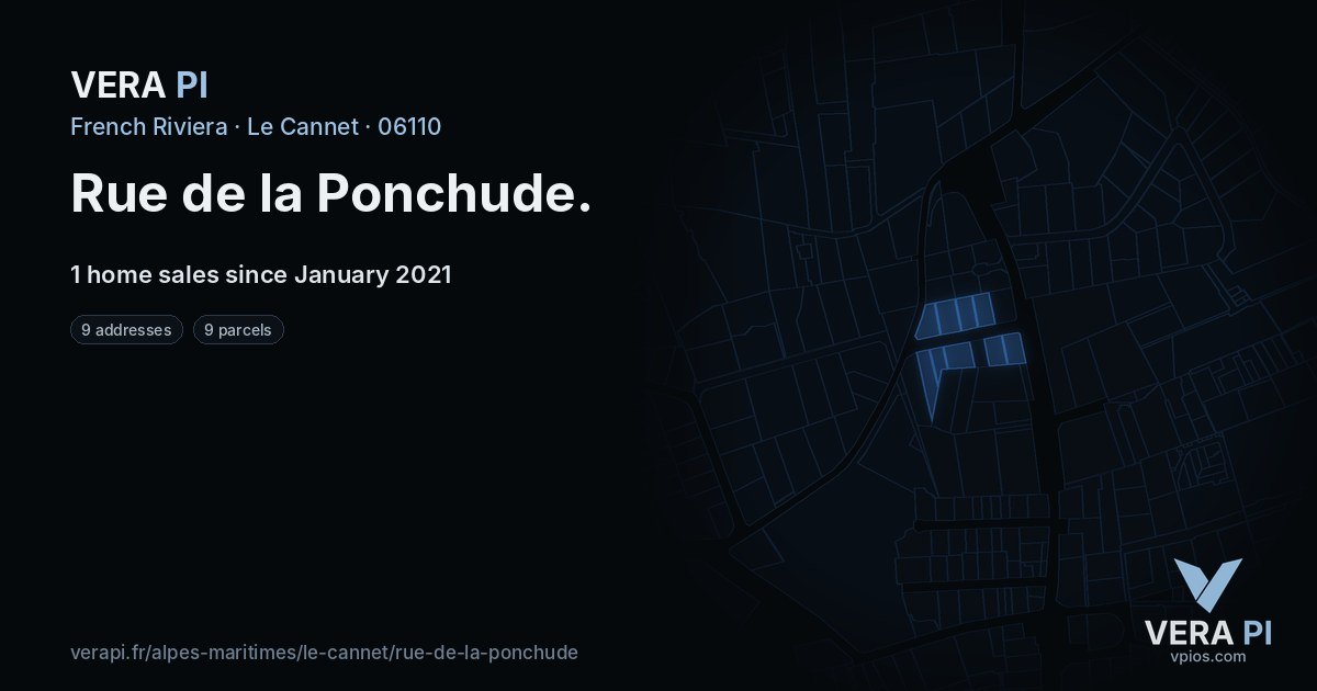 Rue de la Ponchude, Le Cannet at night – every parcel coloured by the prices around it, the street's own parcels lit