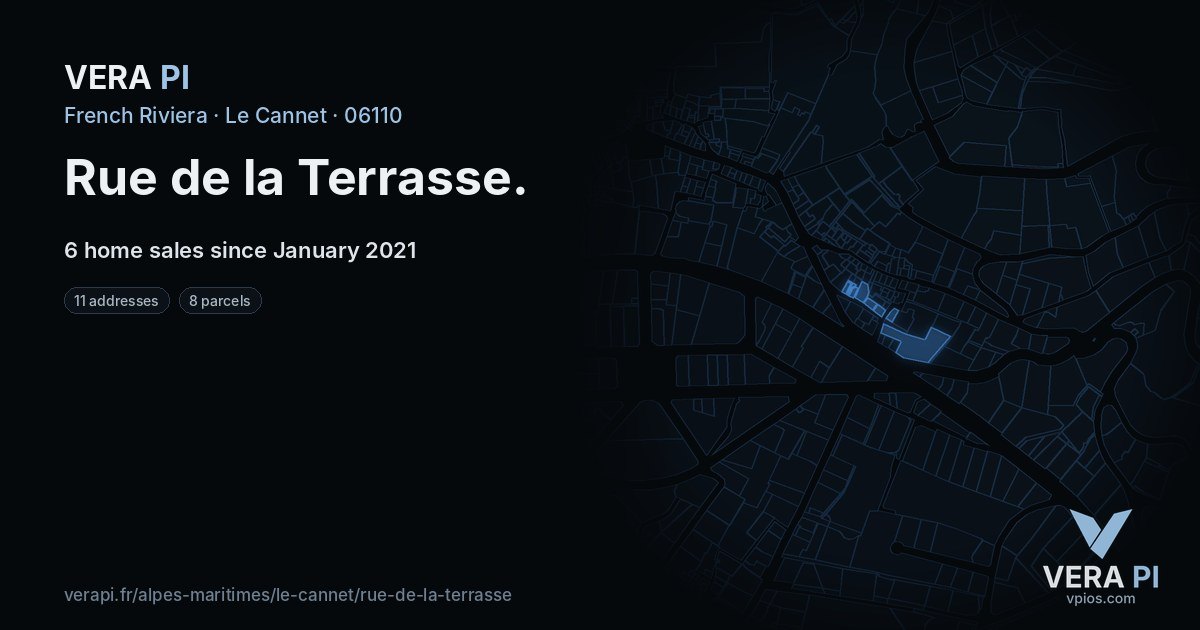 Rue de la Terrasse, Le Cannet at night – every parcel coloured by the prices around it, the street's own parcels lit