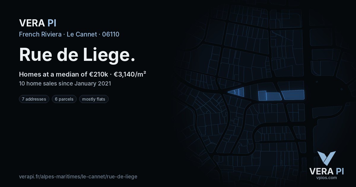 Rue de Liege, Le Cannet at night – every parcel coloured by the prices around it, the street's own parcels lit