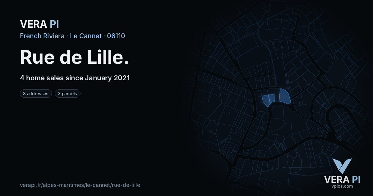 Rue de Lille, Le Cannet at night – every parcel coloured by the prices around it, the street's own parcels lit