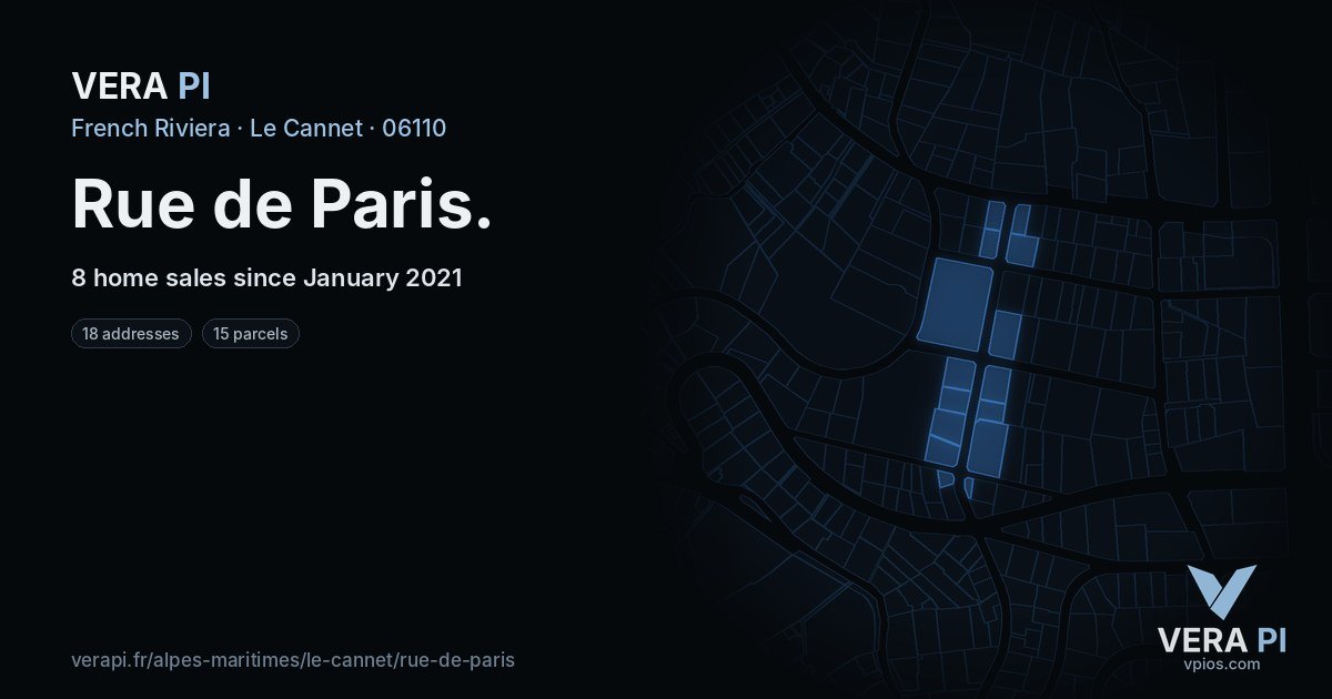 Rue de Paris, Le Cannet at night – every parcel coloured by the prices around it, the street's own parcels lit