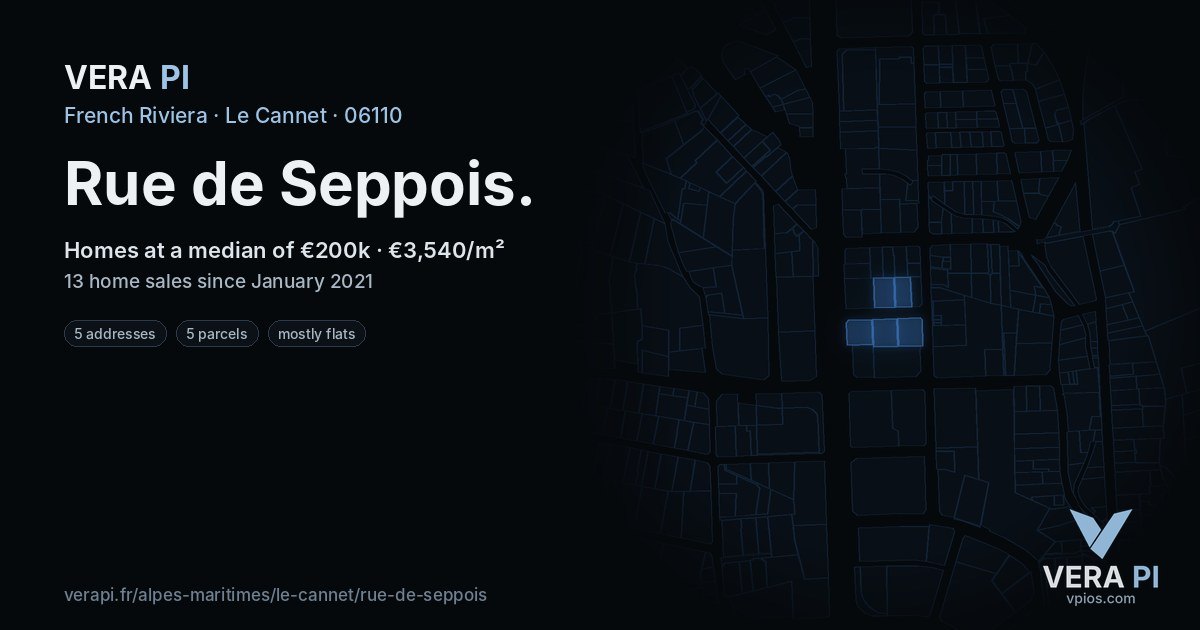 Rue de Seppois, Le Cannet at night – every parcel coloured by the prices around it, the street's own parcels lit