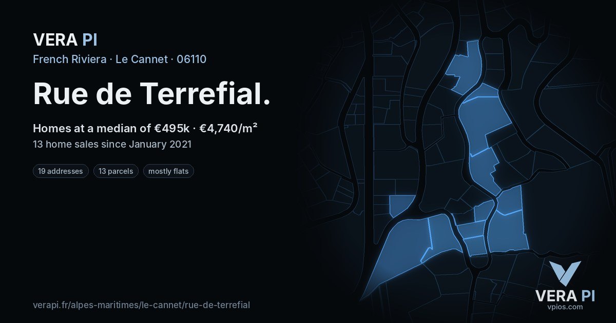 Rue de Terrefial, Le Cannet at night – every parcel coloured by the prices around it, the street's own parcels lit