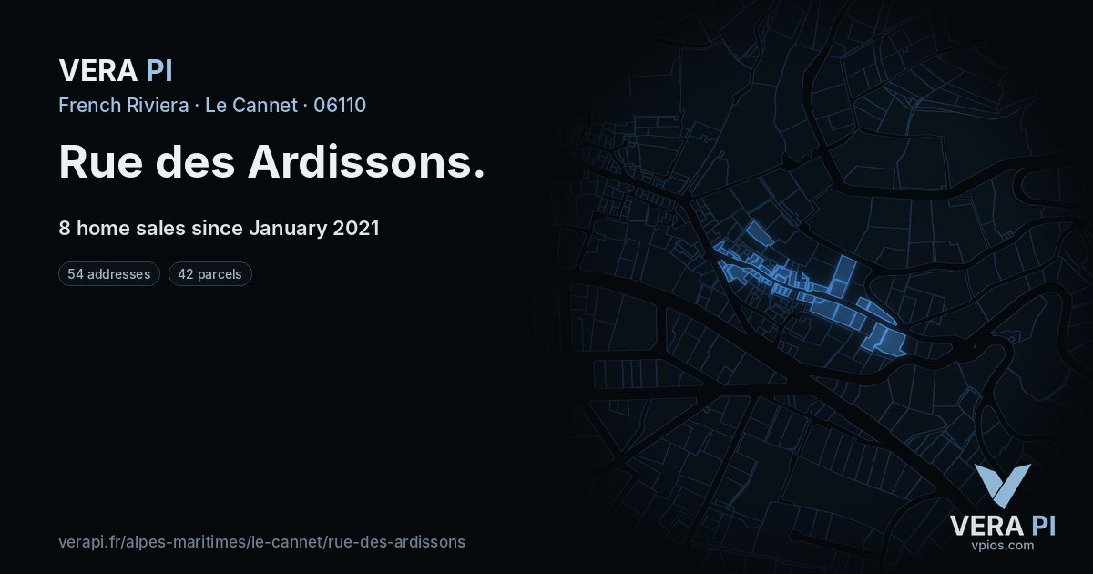 Rue des Ardissons, Le Cannet at night – every parcel coloured by the prices around it, the street's own parcels lit