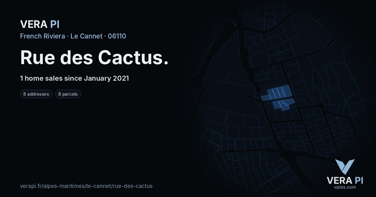 Rue des Cactus, Le Cannet at night – every parcel coloured by the prices around it, the street's own parcels lit