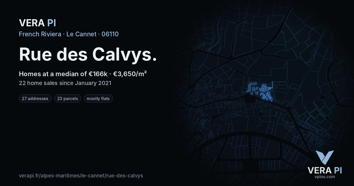 Rue des Calvys, Le Cannet at night – every parcel coloured by the prices around it, the street's own parcels lit