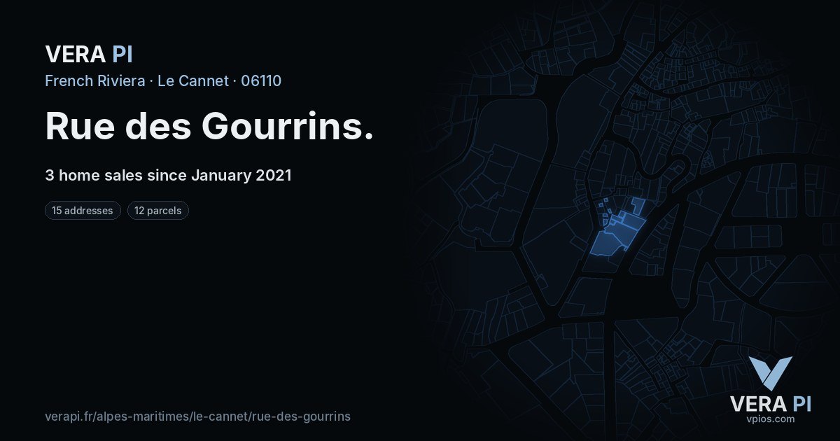 Rue des Gourrins, Le Cannet at night – every parcel coloured by the prices around it, the street's own parcels lit