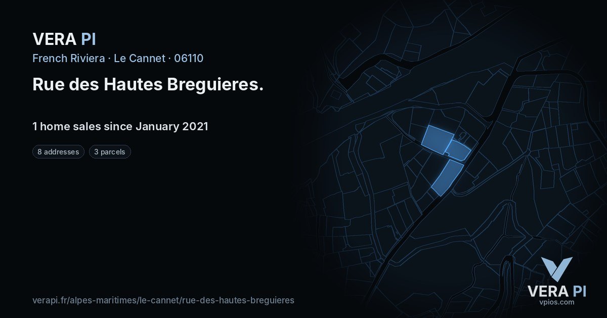 Rue des Hautes Breguieres, Le Cannet at night – every parcel coloured by the prices around it, the street's own parcels lit