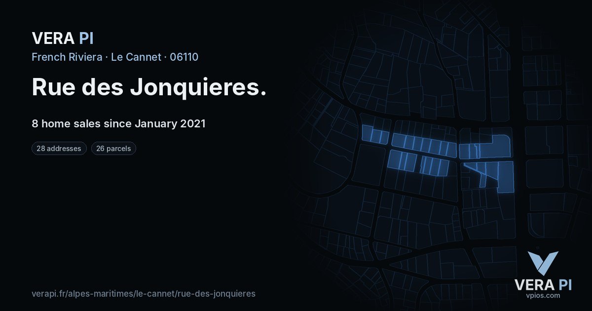 Rue des Jonquieres, Le Cannet at night – every parcel coloured by the prices around it, the street's own parcels lit