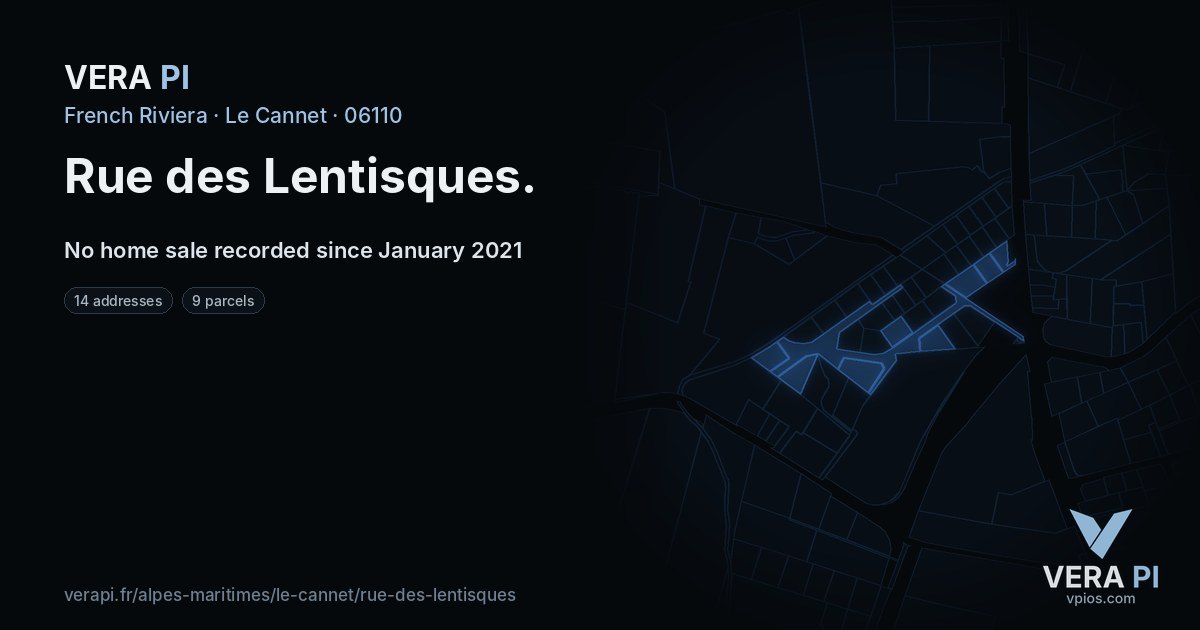 Rue des Lentisques, Le Cannet at night – every parcel coloured by the prices around it, the street's own parcels lit