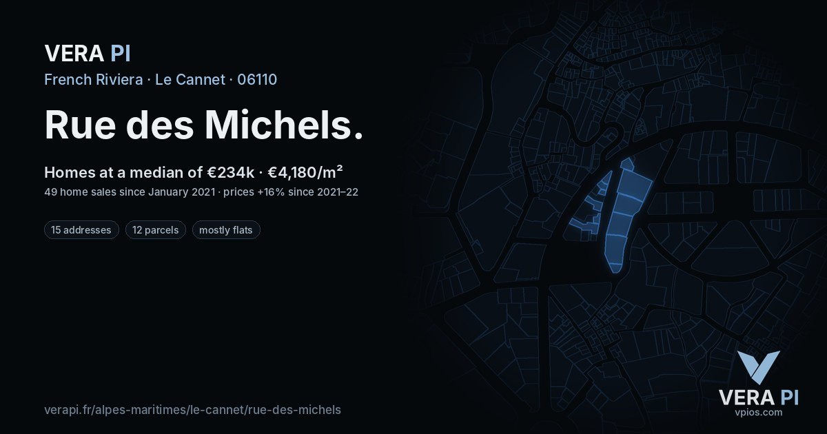 Rue des Michels, Le Cannet at night – every parcel coloured by the prices around it, the street's own parcels lit