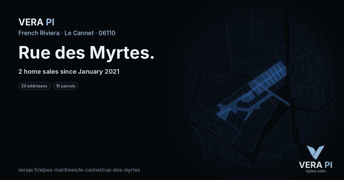 Rue des Myrtes, Le Cannet at night – every parcel coloured by the prices around it, the street's own parcels lit