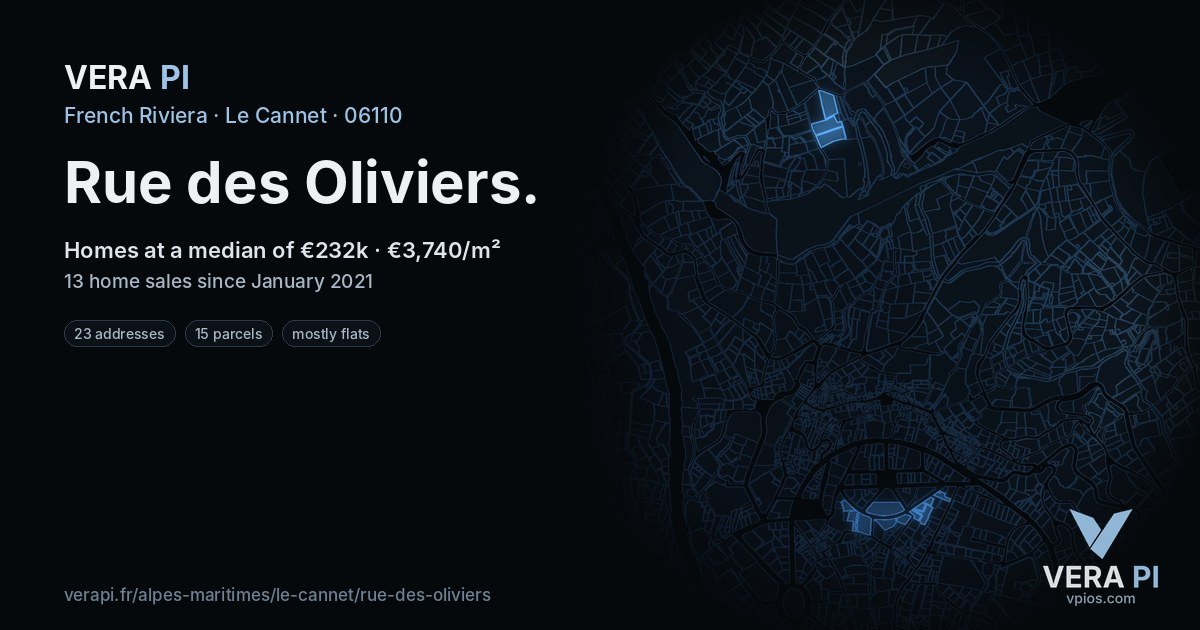 Rue des Oliviers, Le Cannet at night – every parcel coloured by the prices around it, the street's own parcels lit