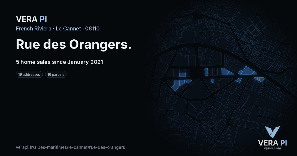 Rue des Orangers, Le Cannet at night – every parcel coloured by the prices around it, the street's own parcels lit