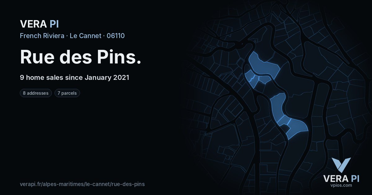 Rue des Pins, Le Cannet at night – every parcel coloured by the prices around it, the street's own parcels lit