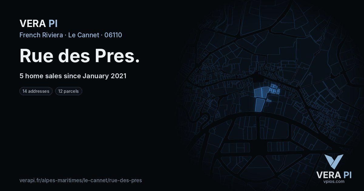 Rue des Pres, Le Cannet at night – every parcel coloured by the prices around it, the street's own parcels lit