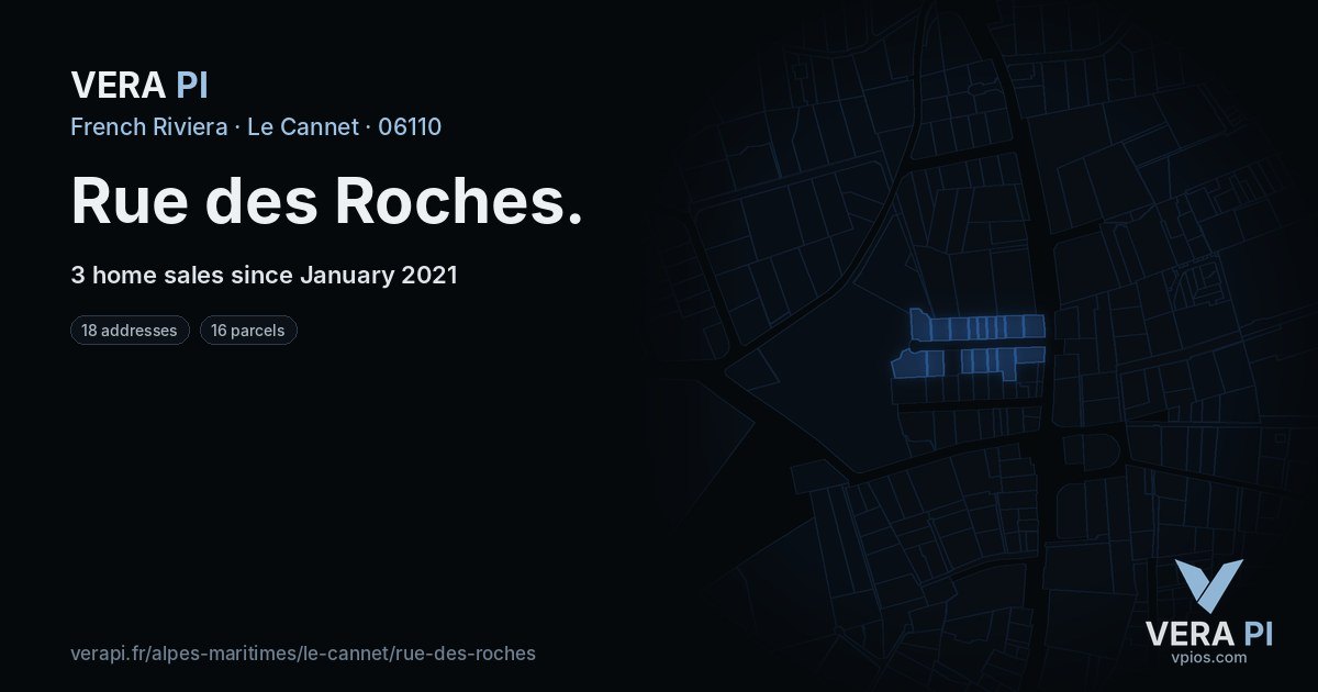 Rue des Roches, Le Cannet at night – every parcel coloured by the prices around it, the street's own parcels lit